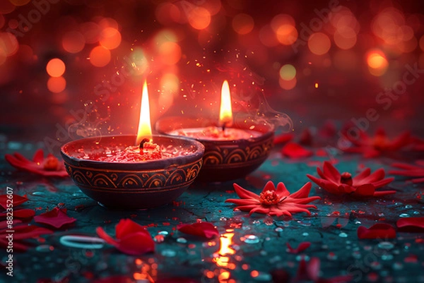 Obraz Happy Diwali celebration background. front view of banner design decorated with illuminated oil lamps on patterned stylish background.