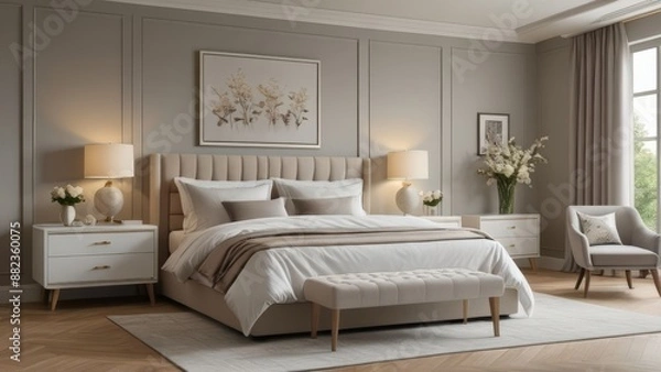 Fototapeta A chic bedroom with a luxurious upholstered bed, stylish nightstands, and elegant bedside lamps. Soft bedding and tasteful decor complete the sophisticated look.