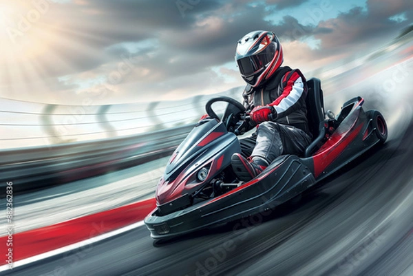 Obraz professional kart racer in a sleek driver suit and helmet, speeding down the track with intense focus and skill. Perfect for racing school advertisements, competitive karting promo
