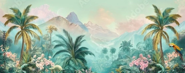 Fototapeta Vintage wallpaper of a tropical jungle with vivid macaws, curious foxes, and graceful palm trees in pastel shades, highlighting an enchanting rainforest with vibrant flowers and distant peaks. 