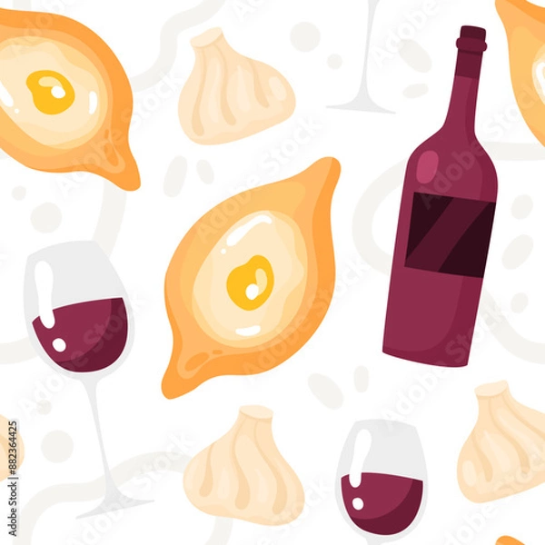 Fototapeta Seamless pattern georgian cuisine. Khachapuri, khinkali and wine in flat style. Vector illustration isolated on white background