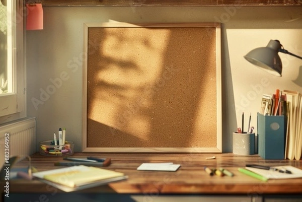 Fototapeta A corkboard with a white frame sits on a desk in a student dorm room. The corkboard is covered in sticky notes, and there is a desk lamp shining on it