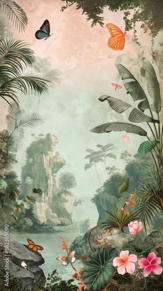 Fototapeta Vintage wallpaper of a wild rainforest with rare butterflies, lush flora and hidden caves in soft pastel colors. mural art style. 