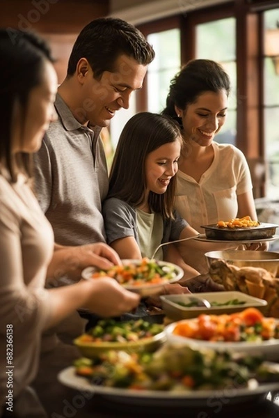 Fototapeta Family gathers around table in cozy kitchen with fresh vegetables. Mother, father, and two children serve themselves with smiles. Natural light fills room through window showing outdoor view.