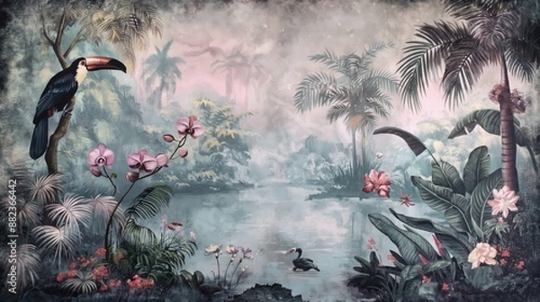 Fototapeta Vintage wallpaper of an exotic forest with toucans, blooming orchids and hidden streams in pastel tones. mural art style. 