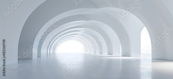 Obraz Abstract white tunnel, arches and light in the center of an empty room, 3d rendering. Minimalist architecture interior design with copy space