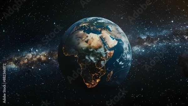 Obraz The Earth seen from space, with the Milky Way galaxy in the background. The planet is glowing and there is an outline of Africa visible on its surface. There are also some stars in the sky