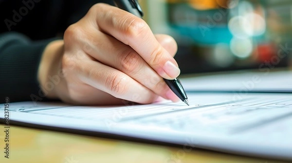 Fototapeta Close up of businesswoman's hand filling in a business document