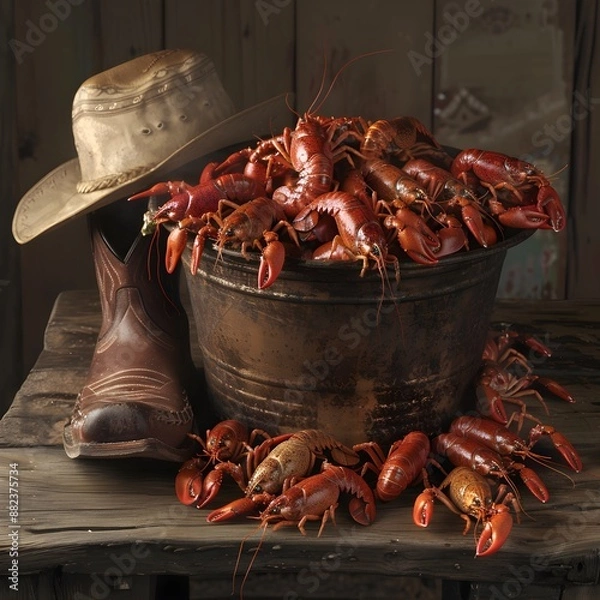 Fototapeta Crawfish In A Bucket With Boots And Cowboy Hat on the table