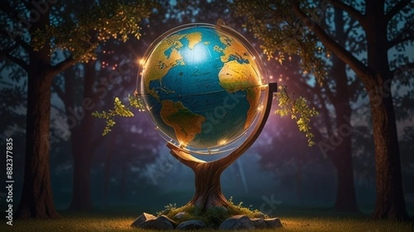 Obraz Digital illustration featuring a stylized globe of the Earth, prominently displayed in the center of the image. The globe is mounted on a stand that resembles a tree trunk, with branches extending out