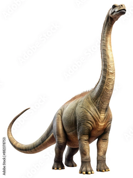 Fototapeta The Dinosaur Diplodocus Looks into the Frame Depicted in Full Height on a Transparent Background