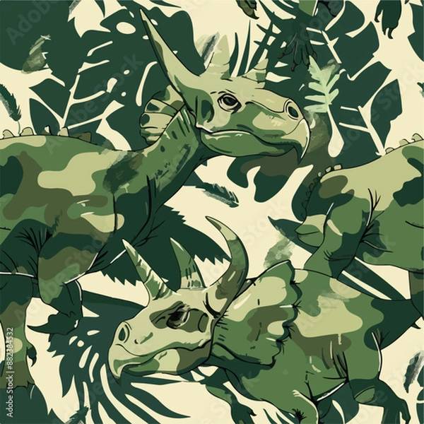 Fototapeta Seamless patterns featuring dinosaurs in various styles, from Cambrian to Jurassic periods. Designs include striped, camouflaged, and playful motifs. Ideal for textiles, wallpapers, and creative proje