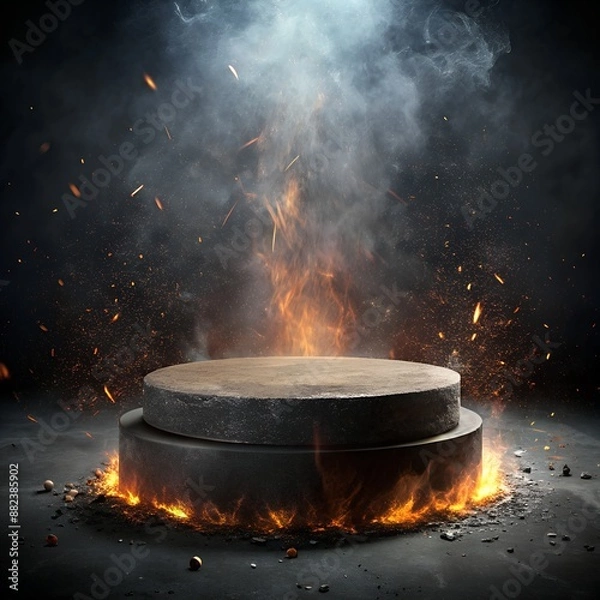 Obraz Round black stone podium on dark black smoke, fire and sparks, grunge texture background with smoke