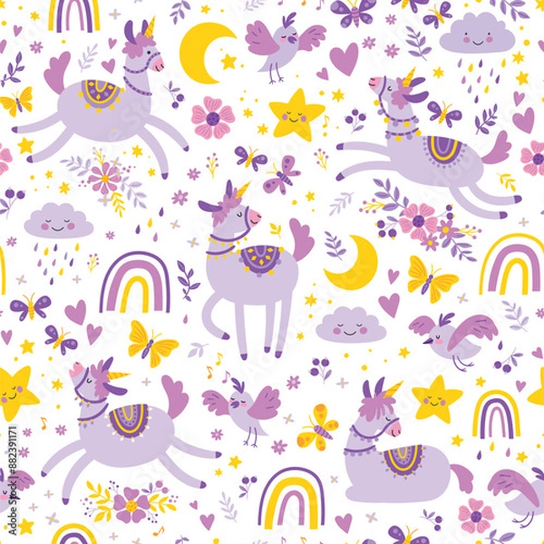 Fototapeta Cute llama pattern with Rainbow, Clouds, Birds, Cartoon Characters. Vector seamless pattern. Great for children's clothing and school supplies.