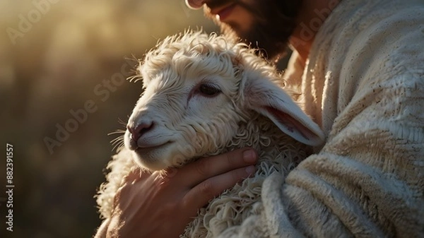 Fototapeta Jesus Christ's hands tenderly embracing a lamb. Conceptual picture with a feeling of safety and concern