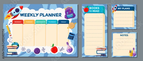 Fototapeta Set of the printable weekly planner with school schedule, note paper stickers, book tracker and to do list. Childish school weekly planner template. Vector flat illustration.