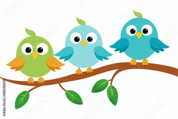 Fototapeta Cute cartoon bird on tree vector illustration on white background