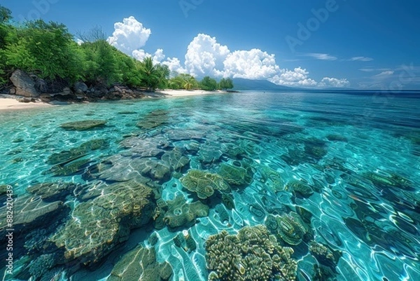 Fototapeta A tropical island with white sandy beaches, crystal-clear water, and colorful coral reefs visible through the water.