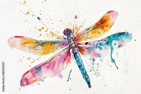 Fototapeta Watercolor painting of a colorful dragonfly on a white background