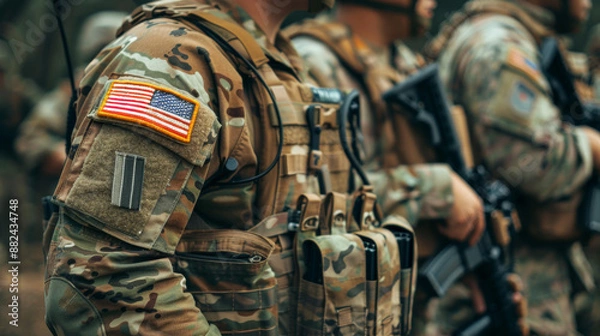 Obraz group of soldiers in camouflage uniforms, bearing American flags on their gear, march in formation, representing unity, strength, and patriotism