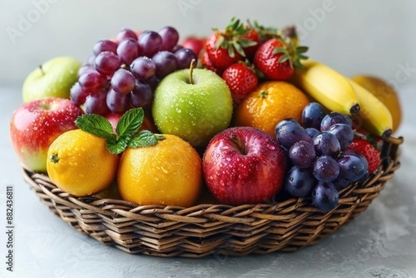 Fototapeta A vibrant basket filled with a variety of fresh fruits including apples, oranges, bananas, grapes, and strawberries, all glistening with morning dew. 