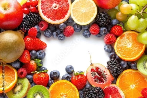 Fototapeta A vibrant assortment of fresh fruits, including kiwi, strawberries, blueberries, grapes, and citrus fruits, arranged in a circular pattern on a white background