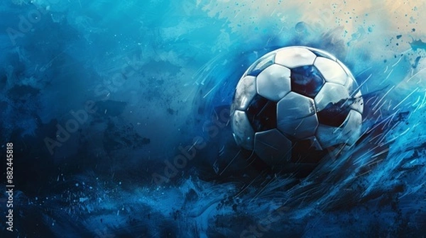 Fototapeta A soccer ball surrounded by blue water ripples and dynamic splash effects, set against a fluid background that captures the vibrancy and excitement of the moment in striking detail.