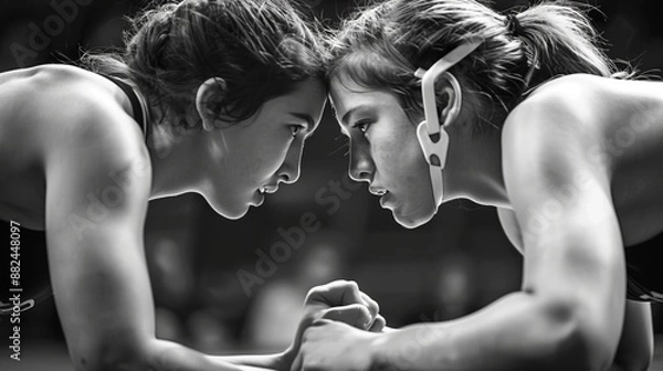 Fototapeta Two intense female wrestlers lock heads, showing immense concentration and physical power as they compete on the mats, illustrating the spirit of intense sportsmanship.