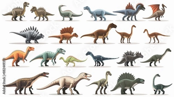 Fototapeta This colorful image showcases illustrations of various dinosaur species, each with distinct traits and characteristics, highlighting their diversity in a visually appealing manner.