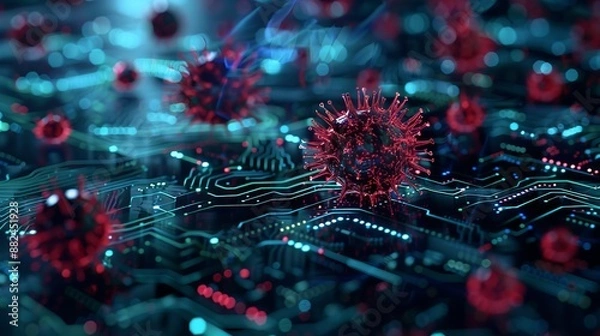 Fototapeta A detailed illustration of a virus infiltrating digital circuitry, symbolizing a cyber attack, digital threats, and the vulnerability of technology infrastructure.