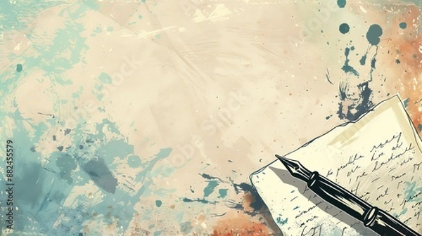 Fototapeta This image showcases abstract splatters in various colors on a textured vintage paper background, accompanied by handwritten notes, blending artistic chaos with nostalgia.