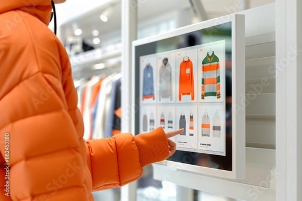 Fototapeta Customer choosing clothes using interactive digital screen in fashion store