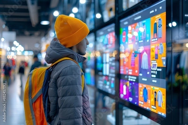 Fototapeta Customer choosing clothes online using interactive touchscreen in shopping mall