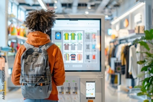 Fototapeta Young man browsing online catalog on interactive display in clothing store