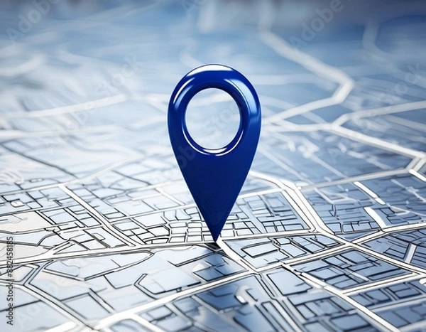 Fototapeta A dark blue location indicator on city map in 3D rendering. City map with a blue GPS location icon determining the exact meeting point. 