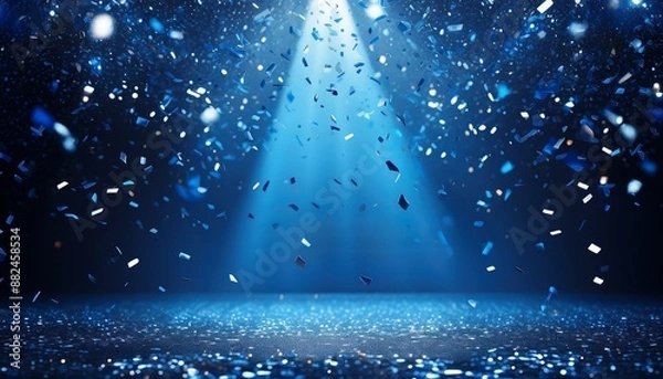 Fototapeta Festivity illustration with navy blue sparkling confetti raining on empty stage with beam of light. Empty room on festive stage with blue confetti. 