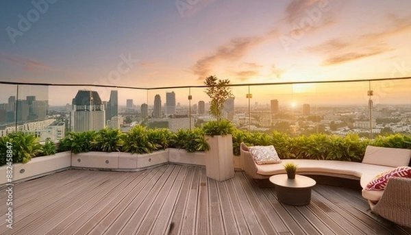 Fototapeta Stunning views of the city skyline from the rooftop terrace. Panoramic view on luxury penthouse roof at colorful sunset. View of buildings in front of the big city at sunset