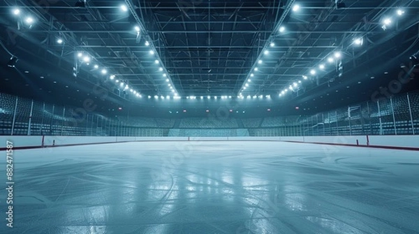 Fototapeta A modern, illuminated ice hockey rink with a spacious, empty design. The rink is ready for a game, showcasing the pristine ice and bright overhead lights.
