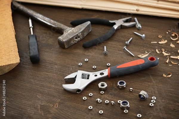 Fototapeta Workplace with construction tools close up