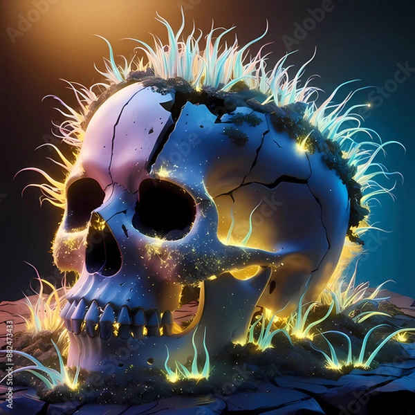 Fototapeta  A vibrant 3D render of a broken skull overrun with glowing plants.