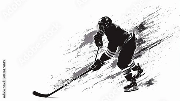 Fototapeta A dynamic illustration of a hockey player in motion, depicted with splattered visual effects to convey speed and intensity on the ice rink.