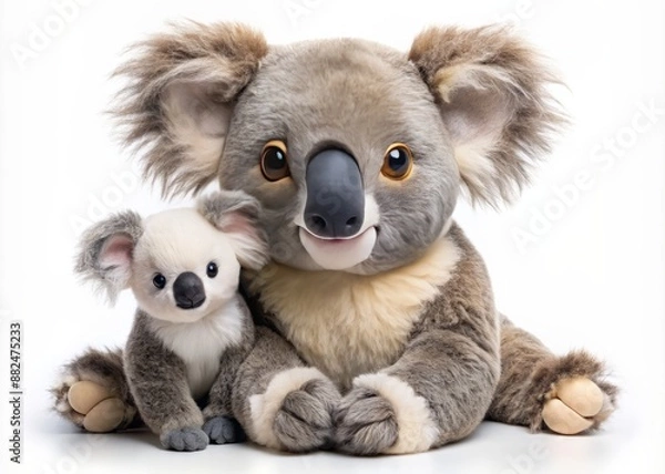 Fototapeta Snuggly koala joey clutches a soft toy, gazing up with big round eyes, on a pristine white background, exuding innocence and cuteness, melting hearts instantly.
