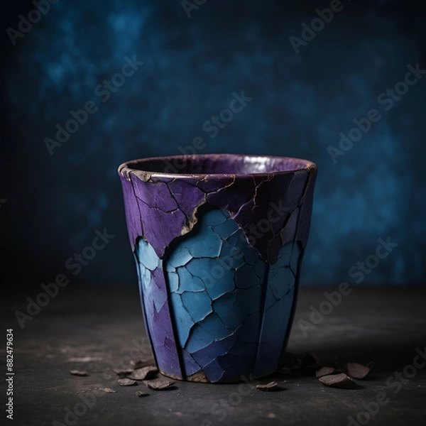Fototapeta A vividly textured purple vase with visible cracks against a dark background.