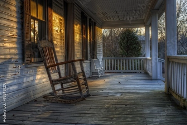Fototapeta Rocking chair sitting on the front porch of a house, perfect for relaxing or reading a book