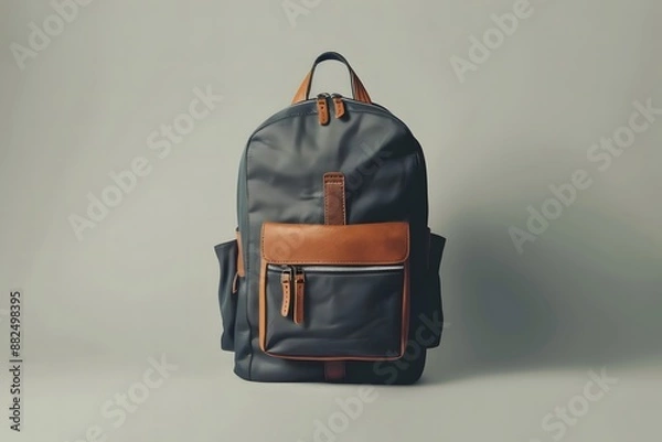 Fototapeta Elegant dark blue and brown leather-accented backpack, a versatile and durable accessory for stylish urban commuting, everyday use, and light travel adventures