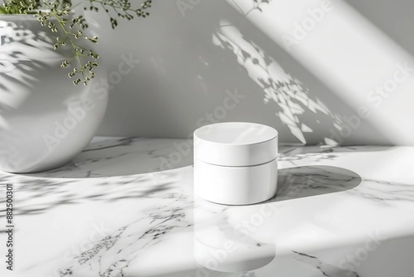 Fototapeta Minimalist cosmetic cream jar on a marble surface with soft light and shadow patterns