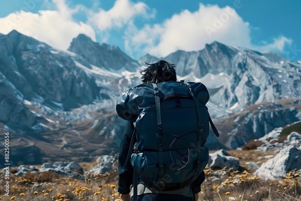 Fototapeta A lone woman views the scenic winter mountain landscape with snow-covered peaks, alpine trees, and clouds filling the sky