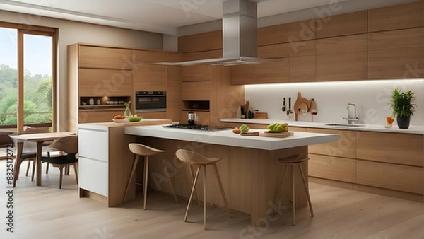 Obraz Stylish kitchen with island and wooden finishes