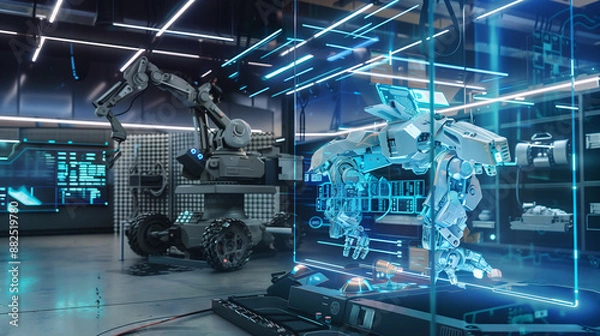 Fototapeta An advanced military robotics laboratory with sophisticated robotic manipulators, luminous interfaces and dynamic holographic circuits demonstrating the design of complex military vehicles