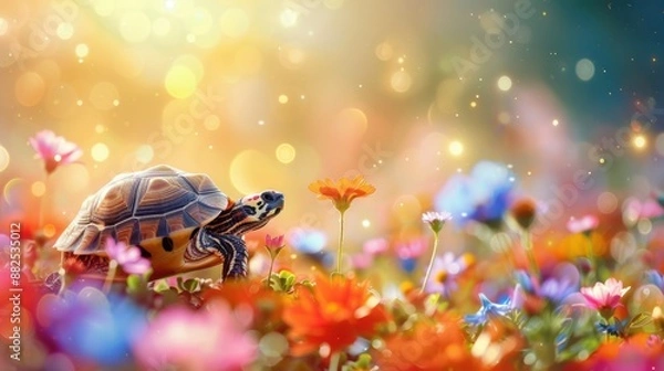 Fototapeta A turtle exploring a vibrant field of colorful flowers, illuminated by soft, golden sunlight and bokeh background.